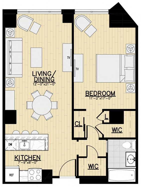 Floor plan for 1 bed, 1 bath, 735 sqft